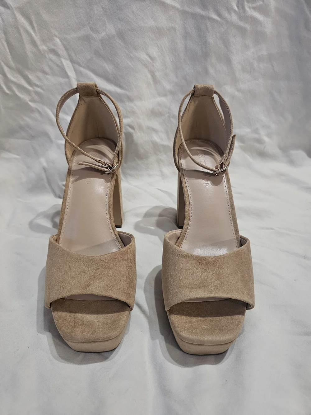 Platform Ankle-Strap Block Heel Sandal in Tan Suede